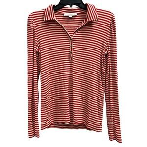 LOFT Red Cream striped Henley style collared stretchy coastal nautical top sz M